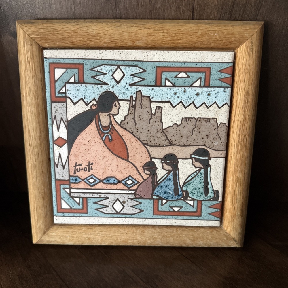 Vtg 1990 Earthtones Storyteller Wood Framed Tile Art-signed 6" x 6" Arizona USA